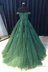 Gorgeous Off Shoulder Green Lace Long Semi Formal Prom Dresses, Green Lace Formal Evening Dresses, Green Ball Gown